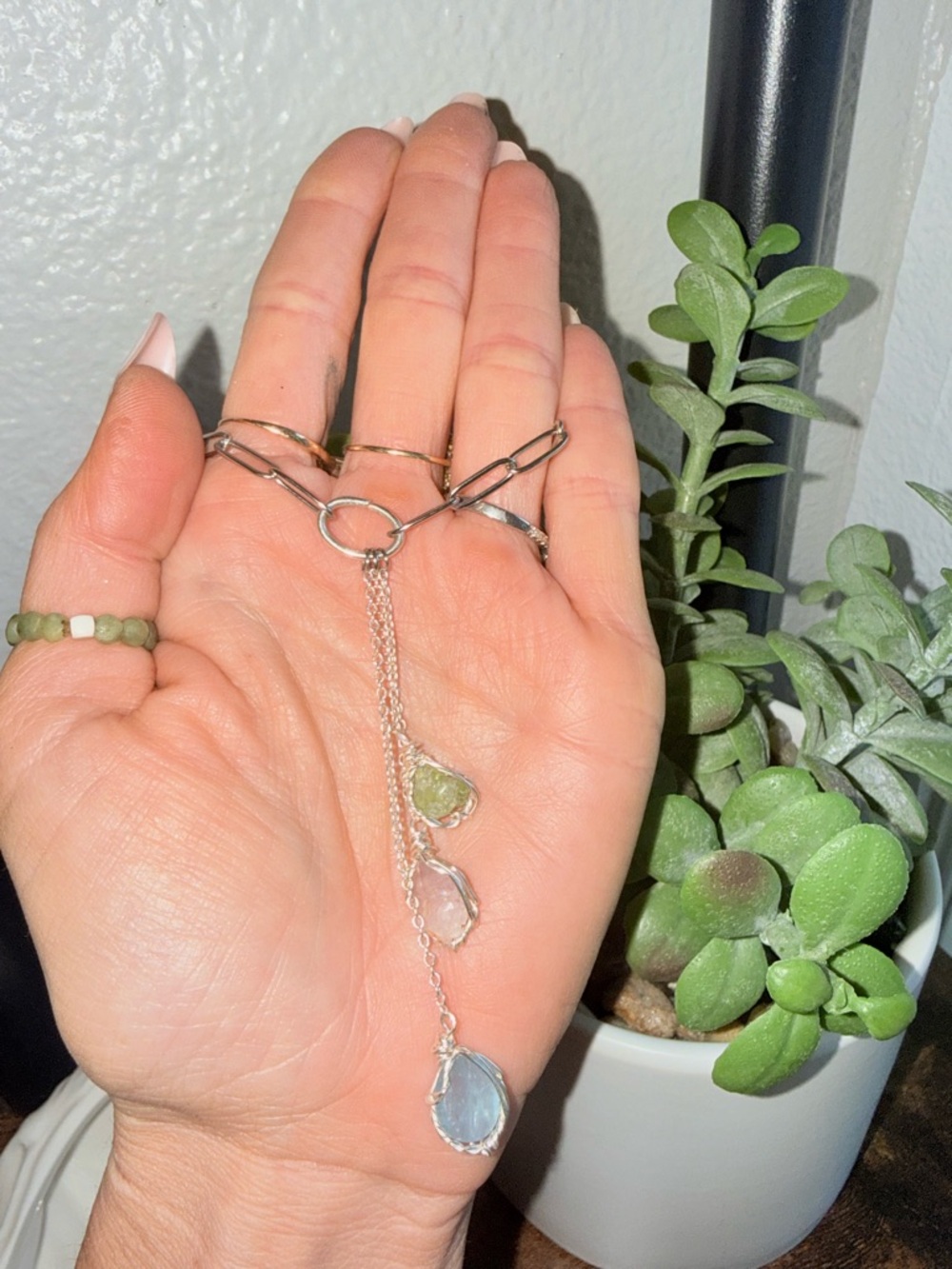 Silver paperclip Multi-Gem Drop Necklace with Pink, Green, and blue Stones - Picture 4 of 4